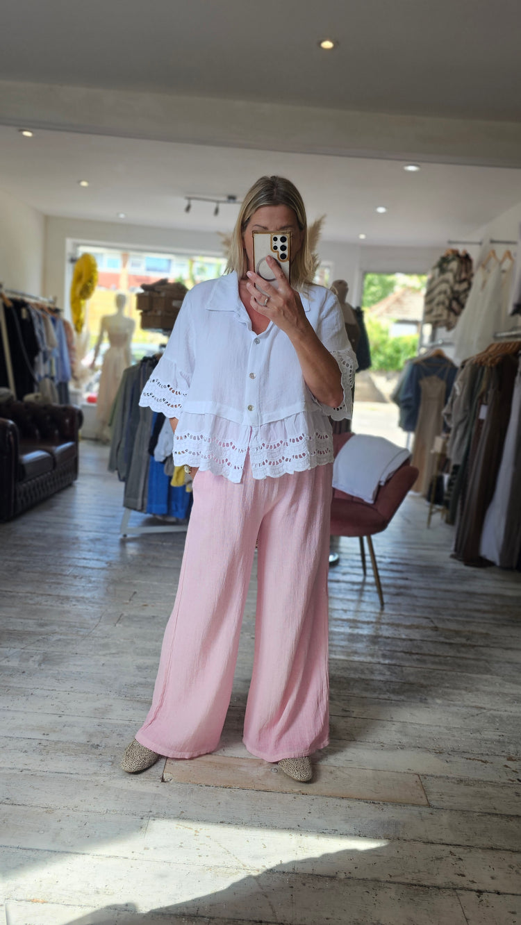 LUNA TWO POCKET LINEN BLEND TROUSERS IN CANDY PINK