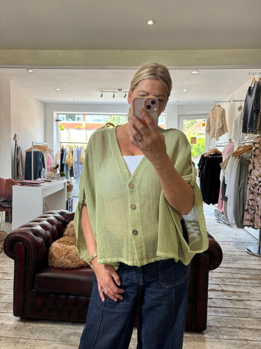 SOPHIA LINEN BLEND MESH BUTTON UP CARDIGAN IN PISTACHIO