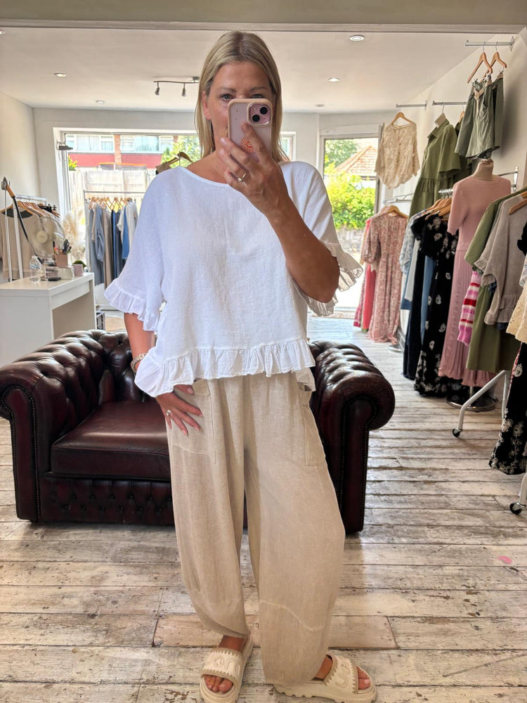 Libby linen ruffle top in white