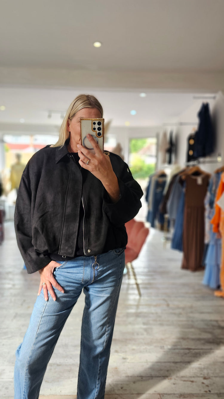 Brooke Suede effect oversized bomber jacket in Black