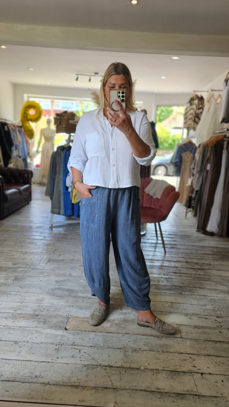 OLIVE FRONT POCKET TROUSERS IN DENIM BLUE