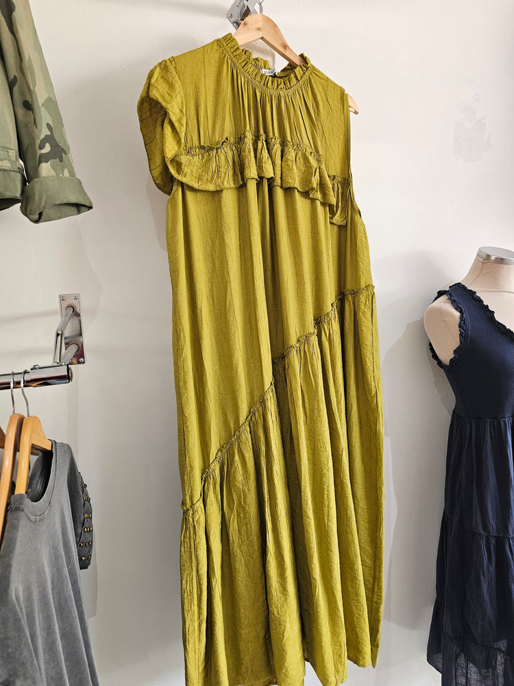 Savannah frill detail midi dress in Olive green