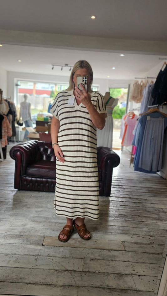Cleo stripe crochet dress in Beige/Chocolate