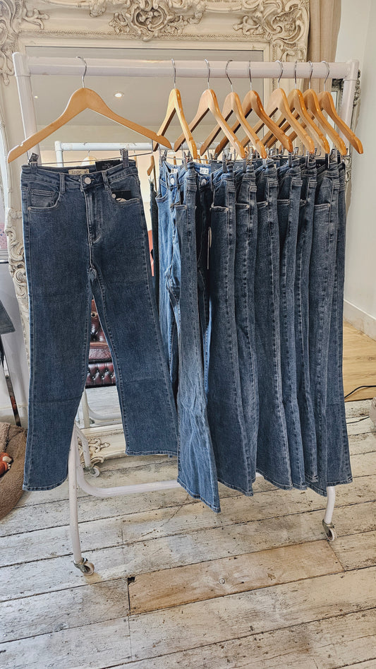 Blue wash skinny flare jeans