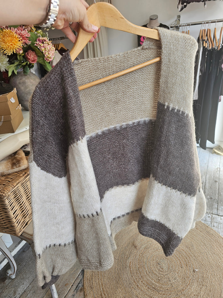 DARCY TRICOLOUR BALLOON-SLEEVE CARDIGAN IN NEUTRAL