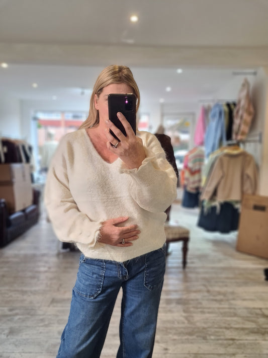 Halle heart sleeve frill detail soft knit in cream