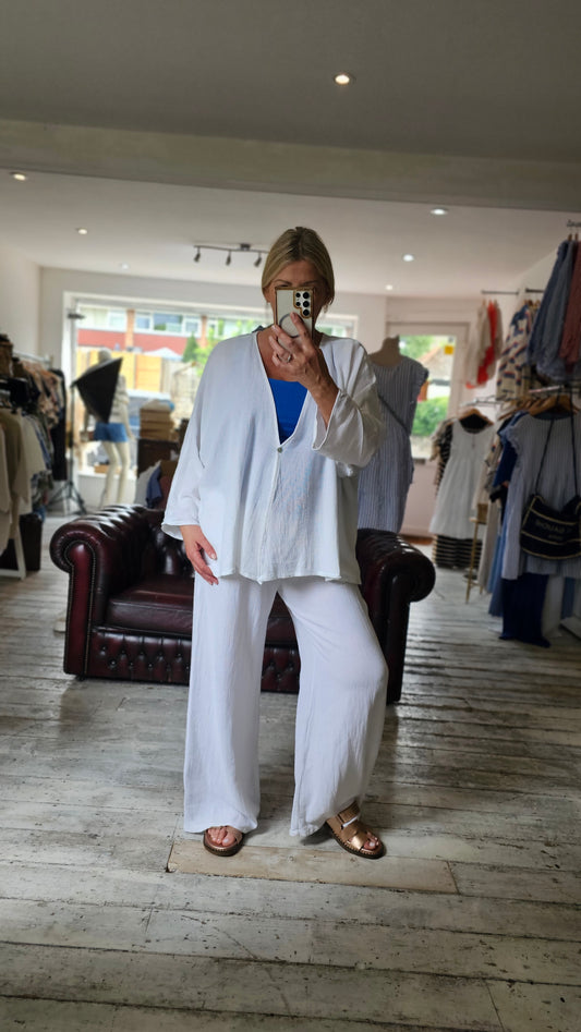 Isla V Neck Linen Blend Top in White