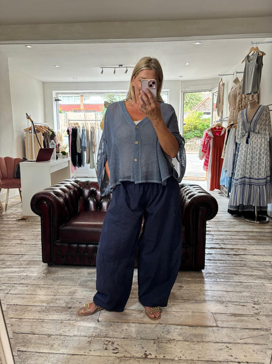 Eleanor Cotton Barrel Leg Trousers in navy