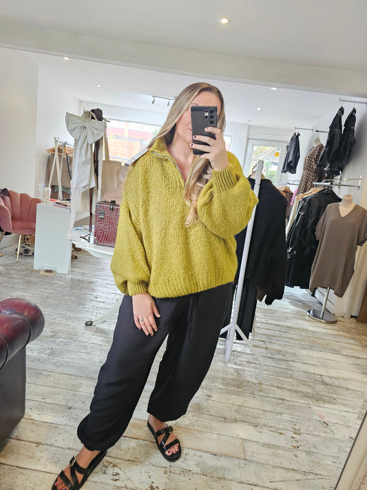 Frankie half zip balloon sleeve knitted jumper in Olive green