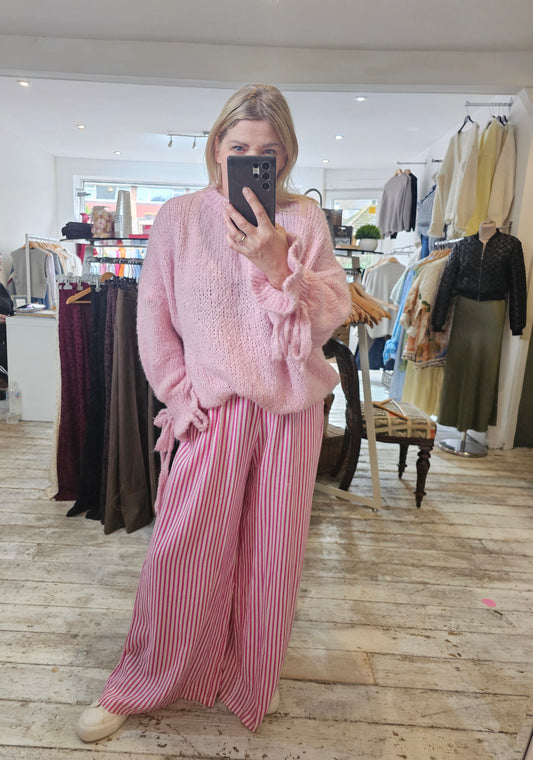 BRIDGET WIDE LEG STRIPE LINEN TROUSERS IN pink