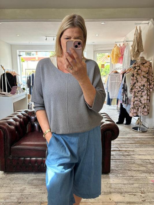 TABITHA V NECK CROCHET TOP IN Slate Grey