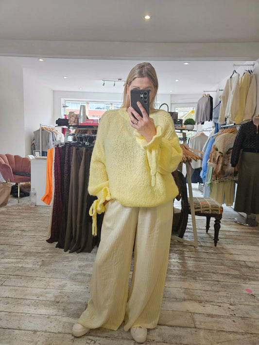 BRIDGET WIDE LEG STRIPE LINEN TROUSERS IN Lemon