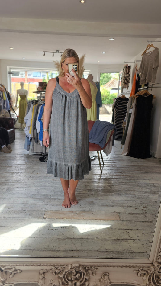 Myla Linen Blend V-Neck Strap Midi Dress in Dark grey