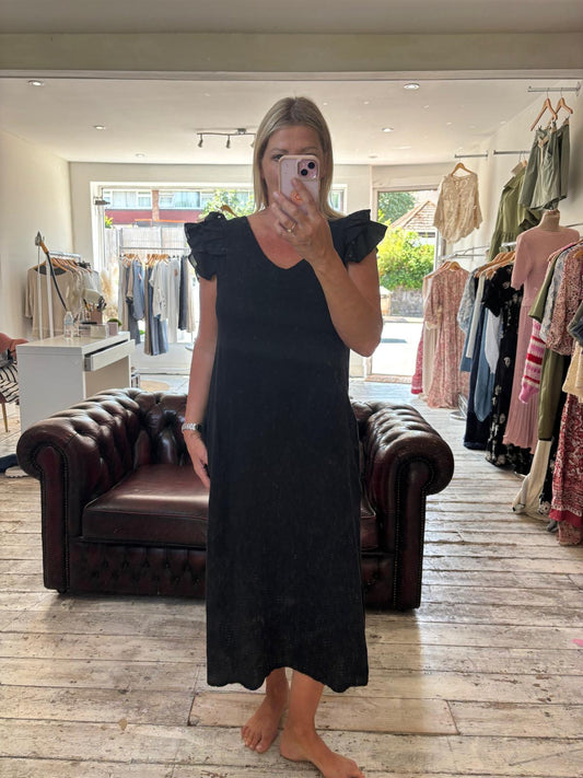 Taylor linen blend frill sleeve midi dress in black